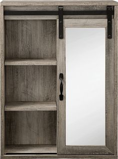 an open wooden cabinet with mirror and shelves