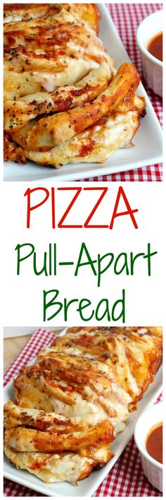 pizza pull apart bread on a white plate with red and green checkered tablecloth