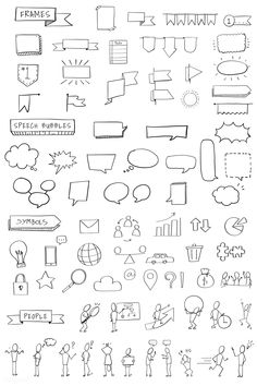 hand drawn doodles with different types of speech bubbles and arrows in black ink on white paper