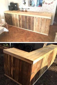 two pictures side by side of a wooden counter and the same one has been made from pallets