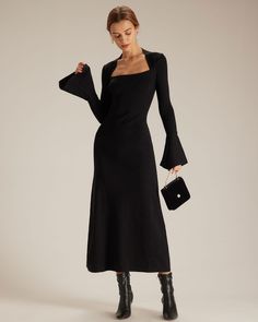 The Black Square Neck Flare Sleeve Midi Dress & Reviews - Black - Dresses | RIHOAS Tailored Clothes, Square Neck Dress, Black Work, Bodycon Midi Dress, Long Black Dress, Sleeve Midi Dress, Bodycon Midi, Long Sleeve Midi, Black Square