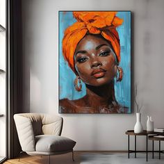 a painting of a woman with an orange turban on her head in a living room