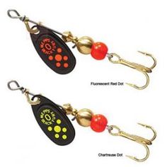 two fishing hooks with red and yellow balls on them, one is black and the other is gold