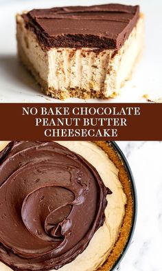 no bake chocolate peanut butter cheesecake on a plate with the text overlay