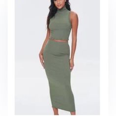 *New* Forever 21 Mock Neck Top & Midi Skirt Set - Sz: M Color: Sage New With Tags - Excellent Condition!!! Great For Vacation- Or The Coming Summer Days! Smoke & Pet Free Home! Casual Bodycon Pencil Skirt, Spring Casual Bodycon Skirt, Casual Bodycon Skirt For Spring, Fitted Green Maxi Skirt For Night Out, Casual Fitted Skirt For Date Night, Forever 21 Fitted Mini Skirt For Date Night, Forever 21 Fitted Pencil Skirt, Forever 21 Fitted Skirt For Date Night, Fitted Maxi Skirt For Date Night In Spring