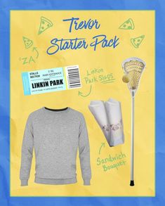 there is a blue and yellow poster with items on it