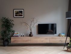 a living room with a large television and potted plants on the side table in front of it