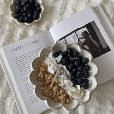 an open book with blueberries and granola in it next to a bowl of cereal