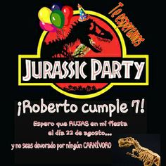 a poster for a party with balloons and a dinosaur