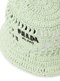 Prada logo-embroidered Raffia Bucket Hat - Farfetch Crochet Head Scarf, Embroidered Lettering, Embroidered Bucket Hat, Streetwear Inspiration, Bucket Hat White, Bucket Hat Women, Green Accessories, Ballerina Slippers, Crochet Bucket