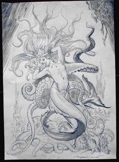 a drawing of a mermaid with tentacles on it's back and her head in the air