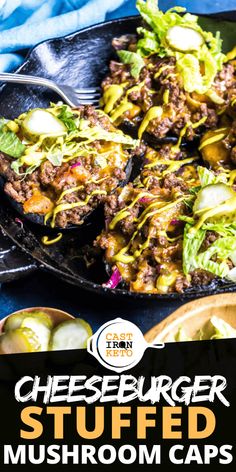 cheeseburger stuffed mushroom caps with lettuce and pickles on the side