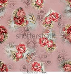 a pink floral wallpaper with red flowers and leaves