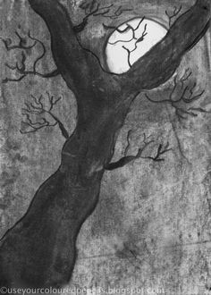 a black and white drawing of a tree with the moon in the background