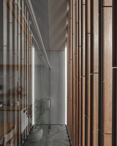 the hallway is lined with wooden slats and glass partitions to allow natural light into the room