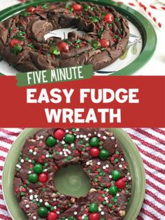 the cover of five minute easy fudge wreath with chocolate cake and peppermint sprinkles