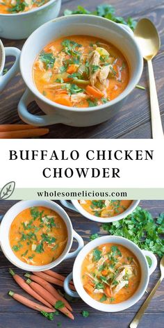 two bowls of buffalo chicken chowder with carrots and parsley on the side