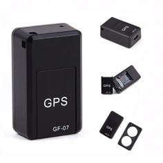 the gps device is next to its batteries and other gadgets on a white background