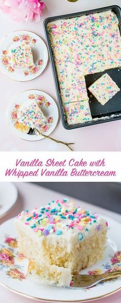 vanilla sheet cake with whipped vanilla buttercream frosting and sprinkles