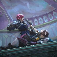 an overwatching female character is sitting on top of a building with her arm outstretched