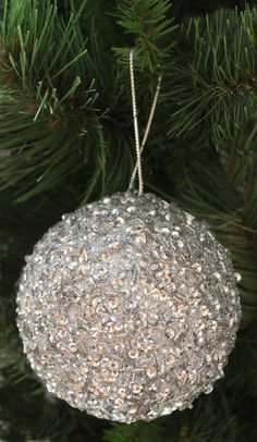 an ornament hanging from a christmas tree in front of a pine branch with needles