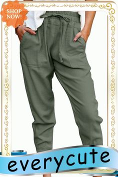 Green Causal Pockets Pants Casual High Waist Capris With Pockets, Casual High-waist Capris With Pockets, Casual Solid Color Khaki Pants, Summer Khaki Harem Pants With Pockets, Spring Khaki Harem Pants With Pockets, Spring Khaki Capris With Pockets, Casual High-waisted Pants In Solid Color, Casual High-waisted Solid Color Bottoms, Casual High-waisted Solid Color Pants