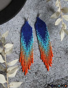 Blue Orange Beaded Earrings Shining Seed Bead Earrings Fringe | Etsy Rainbow Fringe, Blue Beaded Earrings, Beadwork Earrings, Ombre Earrings, Earrings Luxury, Beaded Earrings Tutorials, Jewerly Beads, Luxury Earrings, Rainbow Beads