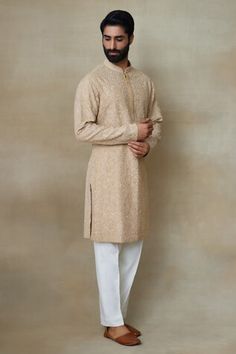 Beige kurta with dori, resham embroidery and gold sequin, bead embellishment. - Aza Fashions Traditional Wear With Gold Embroidery For Festivals, Festive Kurta With Gold Embroidery For Traditional Ceremonies, Festive Sherwani With Gold Embroidery For Traditional Ceremonies, Traditional Bandhgala With Gota Work For Ceremonies, Traditional Bandhgala With Gold Embroidery For Festive Occasions, Traditional Drape Kurta With Gold Embroidery For Ceremonies, Gold Embroidered Kurta For Traditional Ceremonies, Gold Embroidery Sherwani For Traditional Ceremonies And Festivals, Traditional Kurta With Gold Embroidery For Reception