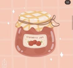 a jar filled with strawberry jam on top of a pink background