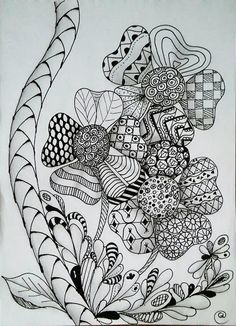 a black and white drawing of flowers in the middle of a flower arrangement with leaves