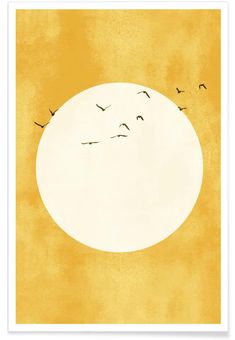 birds flying in front of the sun on a yellow background