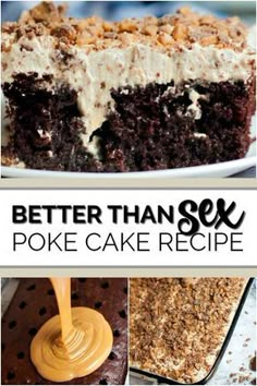 Better than sex cake is a classic recipe. It's a chocolate poke cake with delicious frosting and topped with heath bar bits! The sauce mixes caramel and sweetened condensed milk. You can use a cake mix or a chocolate cake from scratch. via @spaceshipslb Chocolate Cake From Scratch, Heath Bar, Poke Cake Recipe, Chocolate Poke Cake, Cake From Scratch, Dessert Simple, Poke Cake Recipes, Poke Cakes, Poke Cake