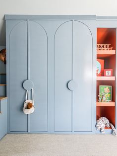 a room with blue cupboards and bookshelves in the corner, including a stuffed animal