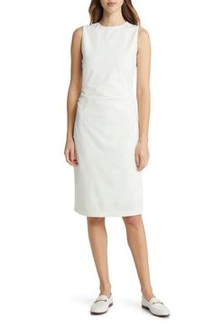 This super easy sleeveless style with ruching at the side waist offers unlimited possibilities for dressing up or down. Crewneck Sleeveless 48% nylon, 42% viscose, 10% spandex Dry clean Imported Fitted Sleeveless Dress With Ruched Detail For Work, White Sleeveless Dress With Ruched Back, Elegant Ruched Sleeveless Dress For Daywear, Elegant Sleeveless Midi Dress With Gathered Waist, White Ruched Dresses For Work, White Ruched Dress For Office Wear, White Ruched Dress For Work, Elegant White Dress With Ruched Sides, Ruched Sleeveless Dress For Daywear