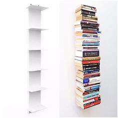 there is a book shelf with many books on it next to a wall mounted bookcase