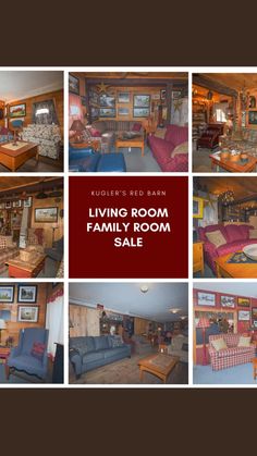 living room family room collage with red and blue couches, wood paneled walls