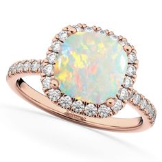 Cushion Cut Halo Opal & Diamond Engagement Ring 14k Rose Gold (3.11ct) Opal Diamond Engagement Ring, Cushion Cut Wedding Rings, Rings Opal, Fine Engagement Rings, Buying An Engagement Ring, Ring Opal, Diamond Halo Ring, Wedding Rings Halo, Wedding Rings Solitaire