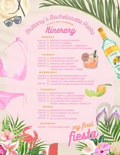 a pink and white beach party menu with tropical flowers, palm leaves and sunglasses on it