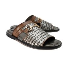 Style: 5827-Silver Unique slip-on Sandal from the Corrente collection in Crocodile Printed Calfskin features Calfskin Trim, Horsebit Hardware Detail, a Padded Footbed and a full Leather Sole! Matching Belt Available. Das Shoes, Men Leather Sandals Fashion, Mule Shoes Outfit, Comfortable Mens Dress Shoes, Man Slippers, Italian Leather Sandals, Cordovan Shoes, Gents Shoes, Leather Slippers For Men