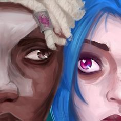 two people with blue hair and pink eyes are looking at the same person's eye