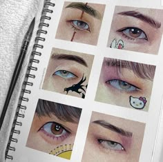 an open notebook with pictures of eyes and cat's eyeliners on it