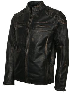 Distressed Leather Jacket in New Look Biker Jacket Distressed black leather jacket is manufactured with 100% high quality genuine leather. This zipper leather jacket features a front zipped YKK closure, 6 zipped pockets on its front and 2 zipped pockets on its back. This black biker leather jacket is professionally waxed and also includes padded design on shoulders and elbow patch completed with a classic stand collar.Shop black leather jacket new look at Alex Gear Material: Outer: Real Leather Rugged Leather Jacket With Zipper Closure, Rugged Black Outerwear With Zipper Closure, Black Distressed Leather Biker Jacket, Distressed Black Leather Biker Jacket, Black Distressed Fitted Leather Jacket, Fitted Black Distressed Leather Jacket, Black Distressed Biker Jacket, Black Rugged Leather Jacket, Black Distressed Biker Leather Jacket