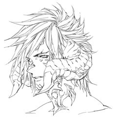 a drawing of an anime character with long hair and piercings on his head, looking to