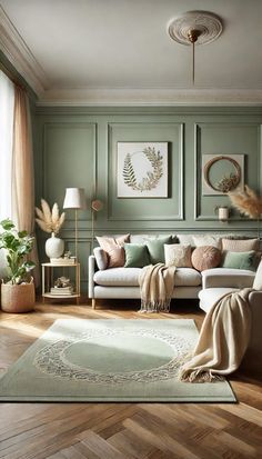 a living room with green walls and wooden floors, white couches and rugs