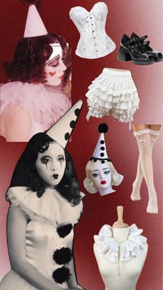 a collage of women's costumes and hats