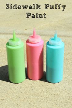 three different colored bottles with the words sidewalk puffy paint