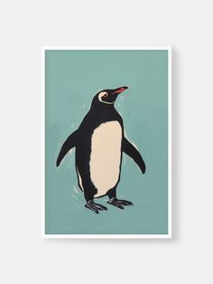 a penguin is standing in front of a blue background