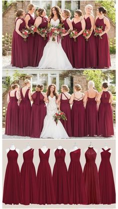 the bride and her bridal party in their burgundy dresses