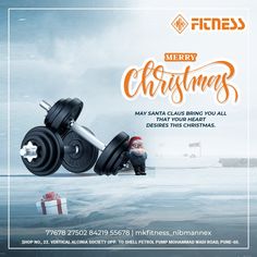 an ad for fitness and christmas with a man on the ground next to a barbell