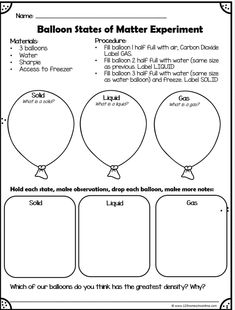 the balloon states of matter experiment is shown in this printable worksheet for kids